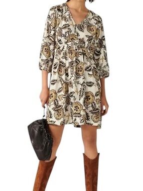 Ba&Sh Volver Paisley Elbow Sleeve Button V-Neck Empire Waist Mini Dress